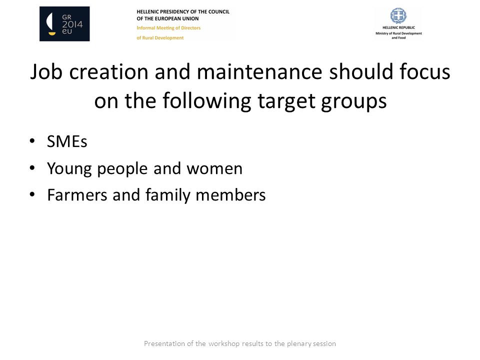 Job creation and maintenance should focus on the following target groups SMEs Young people and women Farmers and family members Presentation of the workshop results to the plenary session