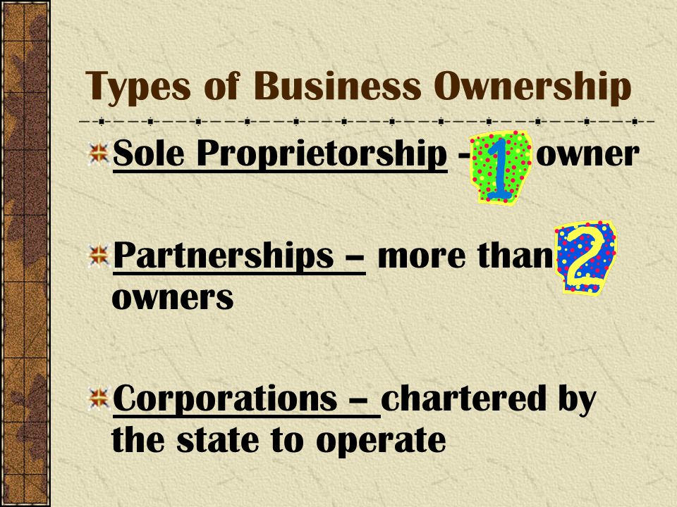Types of Business Ownership Sole Proprietorship – owner Partnerships – more than owners Corporations – chartered by the state to operate