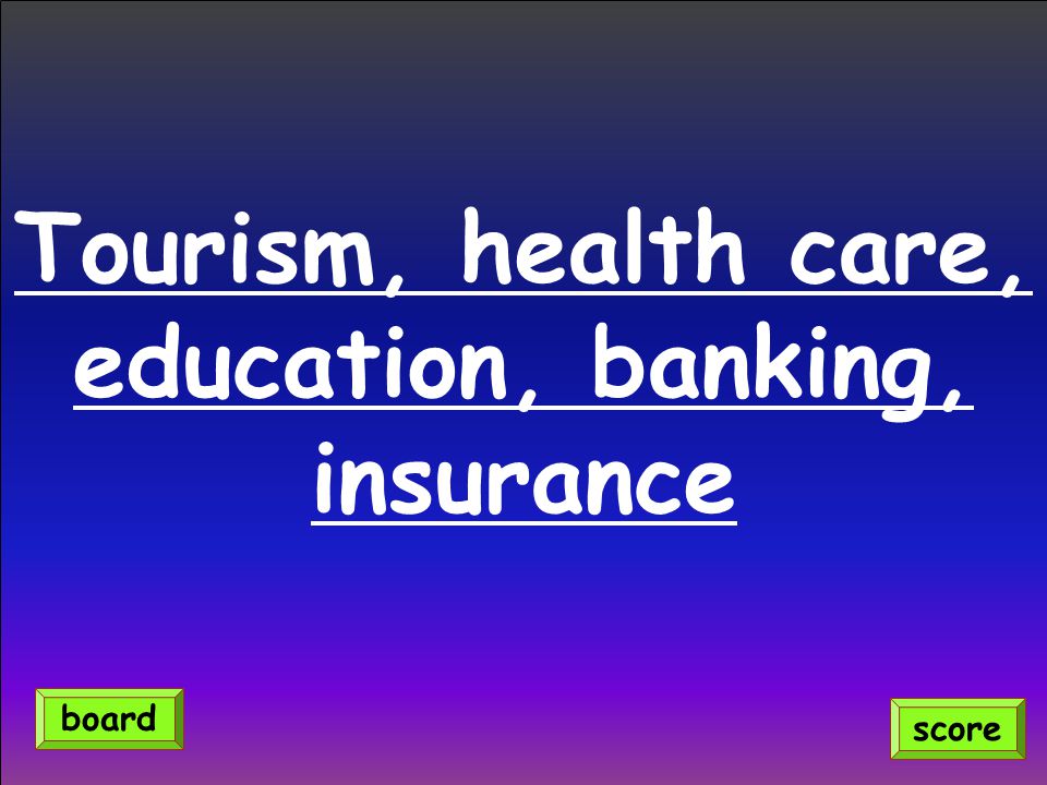 Tourism, health care, education, banking, insurance score board