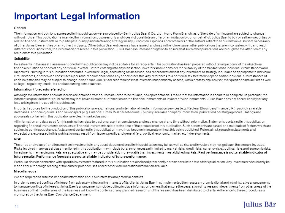Important Legal Information General The information and opinions expressed in this publication were produced by Bank Julius Baer & Co.