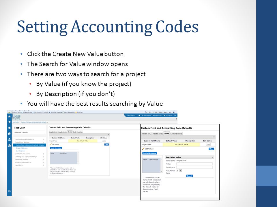 Setting Accounting Codes Click the Create New Value button The Search for Value window opens There are two ways to search for a project By Value (if you know the project) By Description (if you don’t) You will have the best results searching by Value