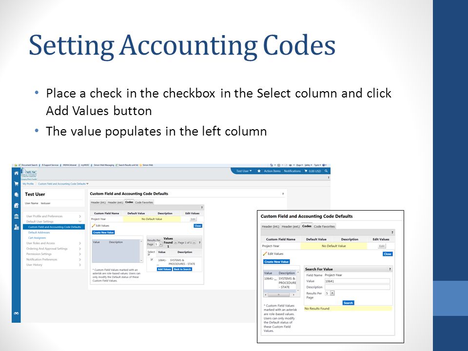 Setting Accounting Codes Place a check in the checkbox in the Select column and click Add Values button The value populates in the left column