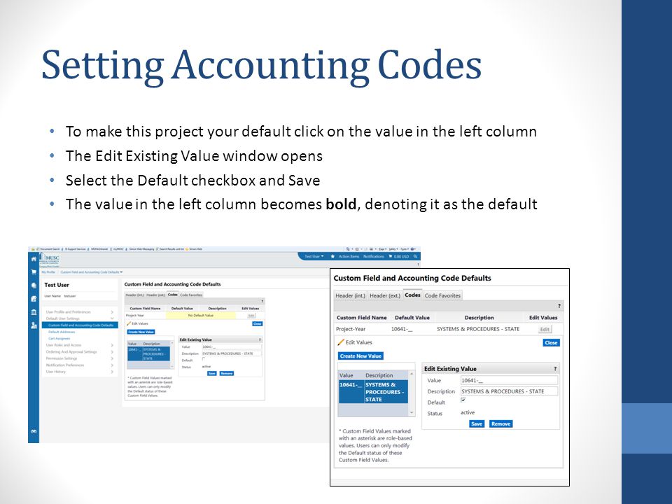 Setting Accounting Codes To make this project your default click on the value in the left column The Edit Existing Value window opens Select the Default checkbox and Save The value in the left column becomes bold, denoting it as the default