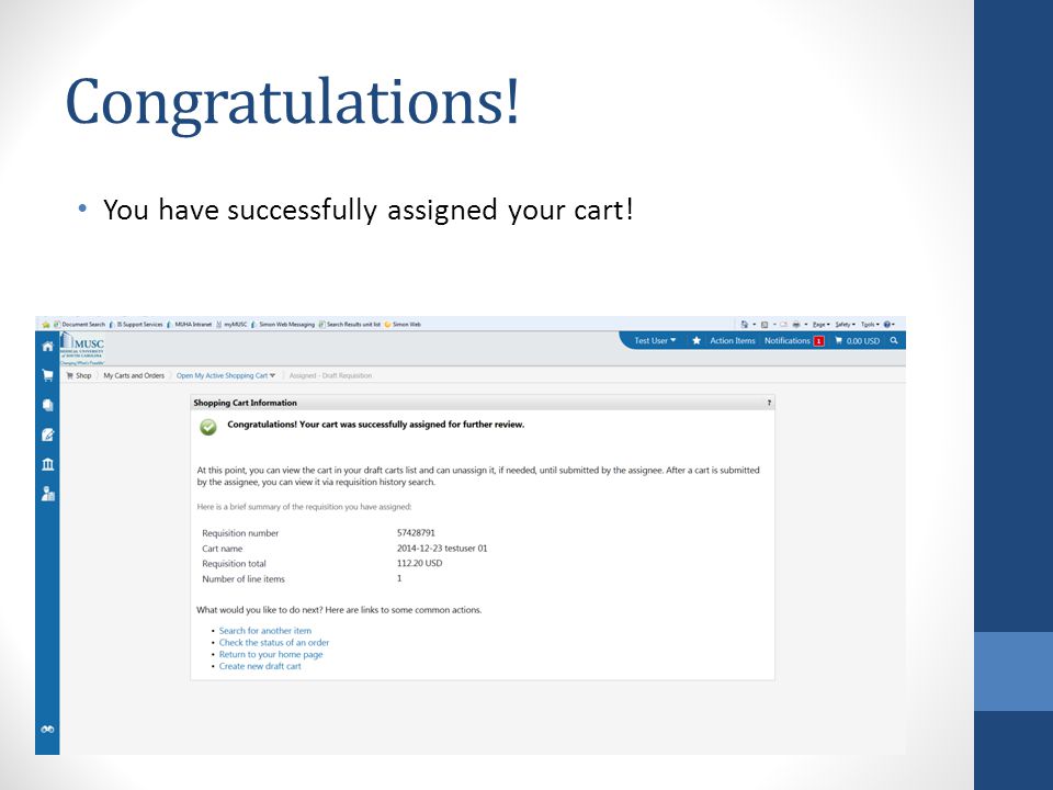 Congratulations! You have successfully assigned your cart!