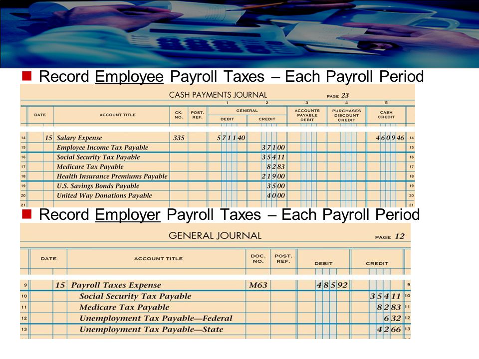 Record Employee Payroll Taxes – Each Payroll Period Record Employer Payroll Taxes – Each Payroll Period