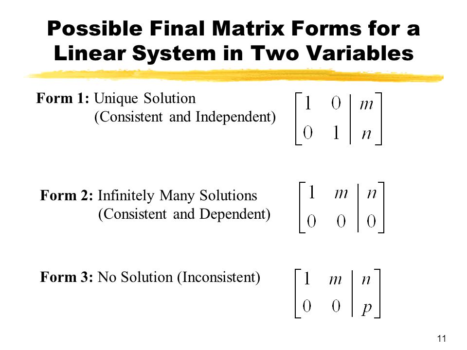 11 Possible Final Matrix Forms for a Linear System in Two Variables Form 1: Unique Solution (Consistent and Independent) Form 2: Infinitely Many Solutions (Consistent and Dependent) Form 3: No Solution (Inconsistent)