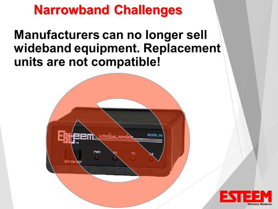 Narrowband Challenges Manufacturers can no longer sell wideband equipment.