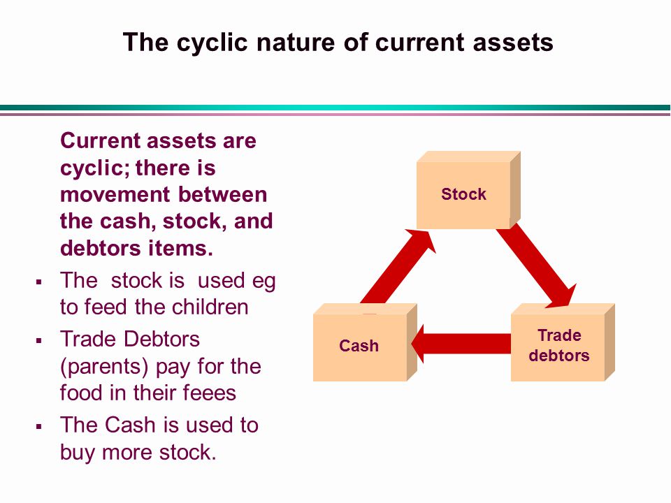 Cash Trade debtors Stock The cyclic nature of current assets Current assets are cyclic; there is movement between the cash, stock, and debtors items.