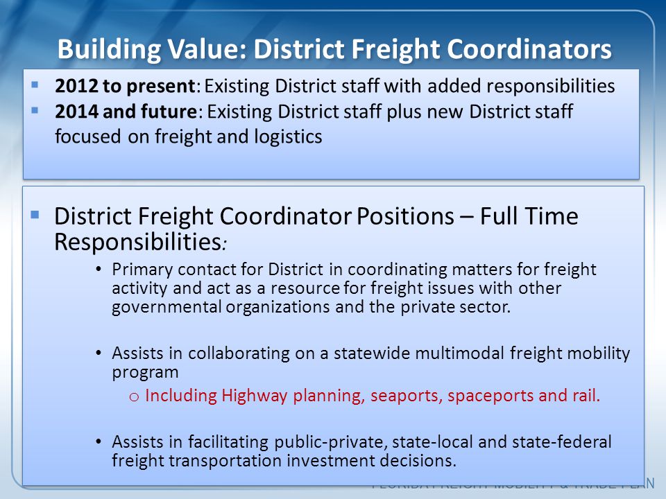 Building Value: District Freight Coordinators  District Freight Coordinator Positions – Full Time Responsibilities : Primary contact for District in coordinating matters for freight activity and act as a resource for freight issues with other governmental organizations and the private sector.