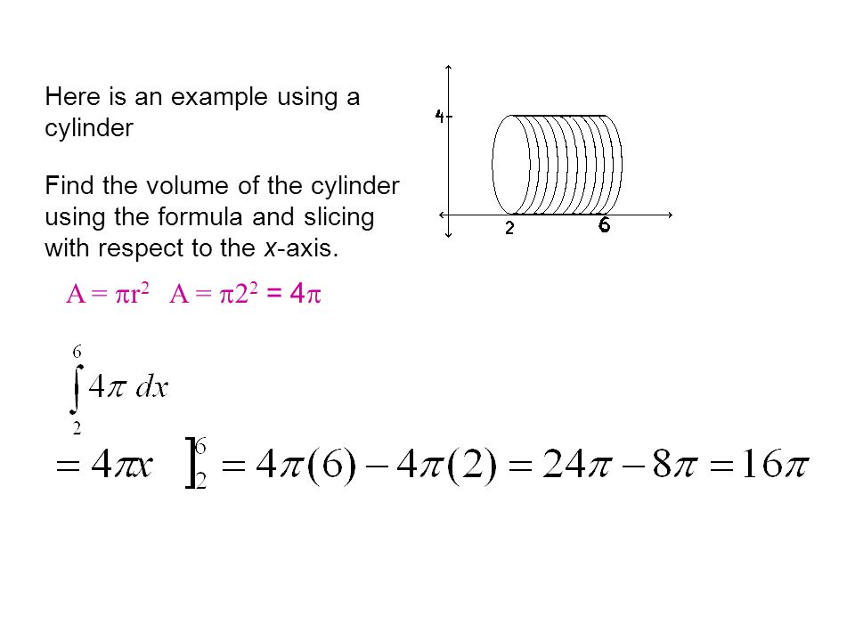 Here is an example using a cylinder Find the volume of the cylinder using the formula and slicing with respect to the x-axis.