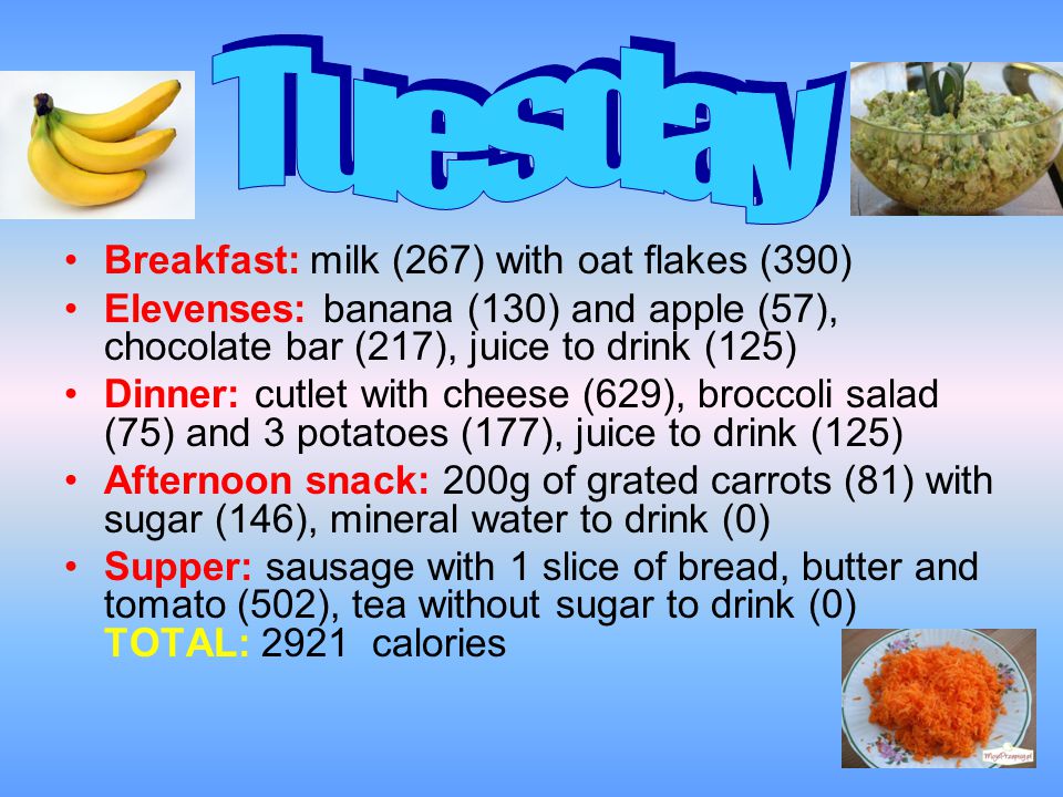 Breakfast: milk (267) with oat flakes (390) Elevenses: banana (130) and apple (57), chocolate bar (217), juice to drink (125) Dinner: cutlet with cheese (629), broccoli salad (75) and 3 potatoes (177), juice to drink (125) Afternoon snack: 200g of grated carrots (81) with sugar (146), mineral water to drink (0) Supper: sausage with 1 slice of bread, butter and tomato (502), tea without sugar to drink (0) TOTAL: 2921 calories