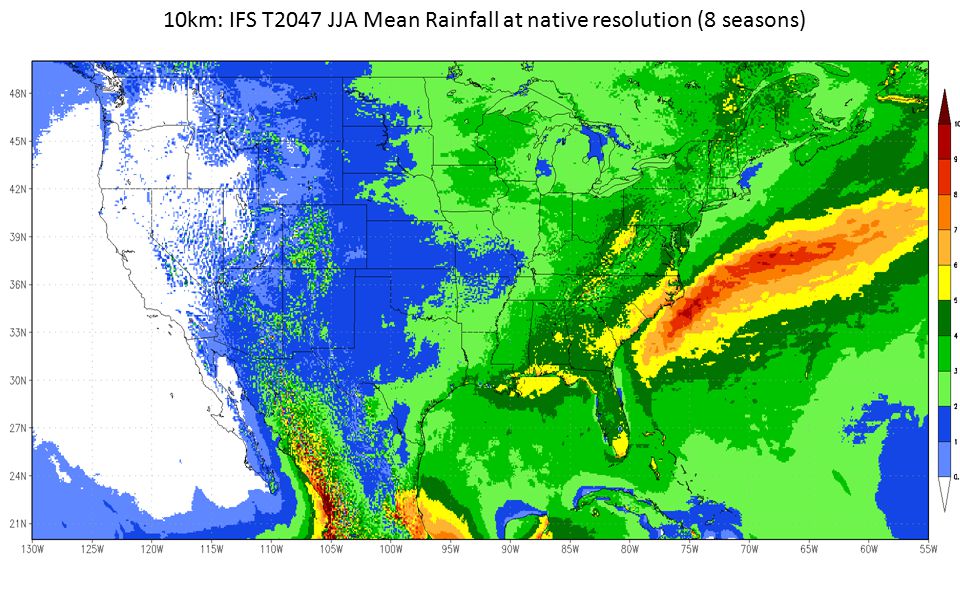10km: IFS T2047 JJA Mean Rainfall at native resolution (8 seasons)