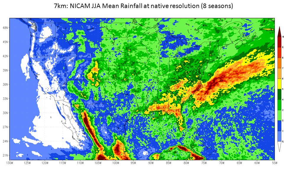7km: NICAM JJA Mean Rainfall at native resolution (8 seasons)