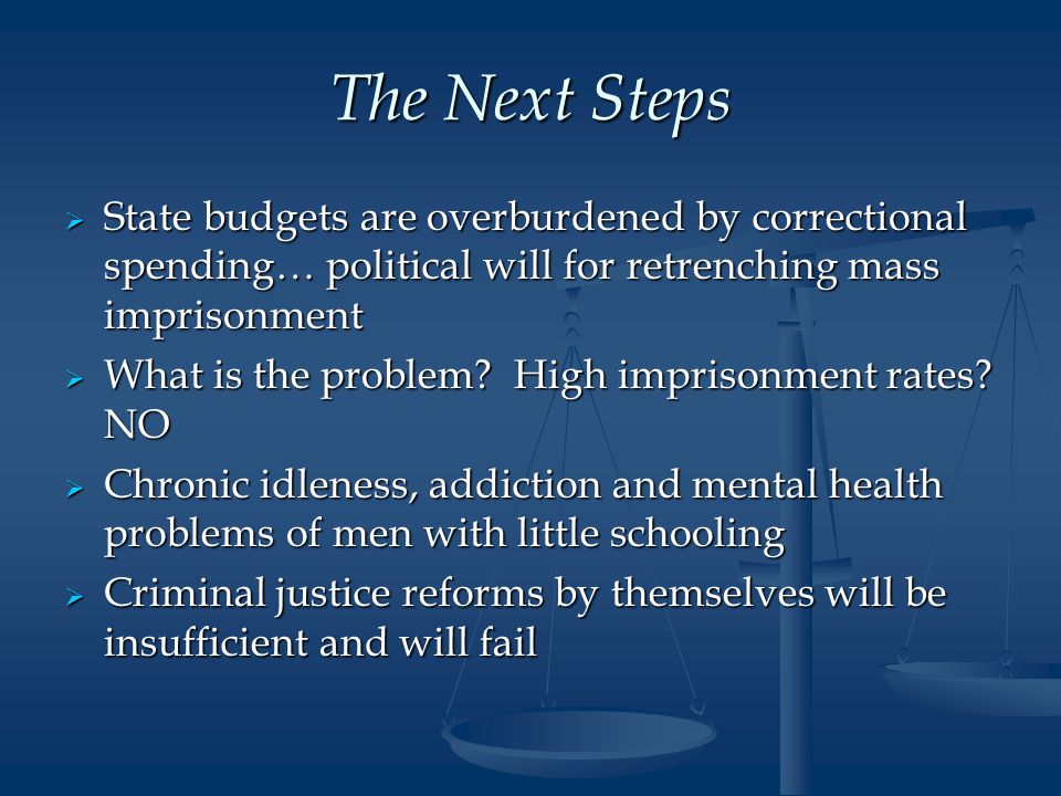 The Next Steps  State budgets are overburdened by correctional spending… political will for retrenching mass imprisonment  What is the problem.