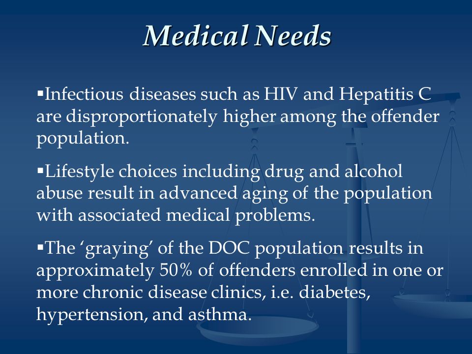 Medical Needs Medical Needs   Infectious diseases such as HIV and Hepatitis C are disproportionately higher among the offender population.