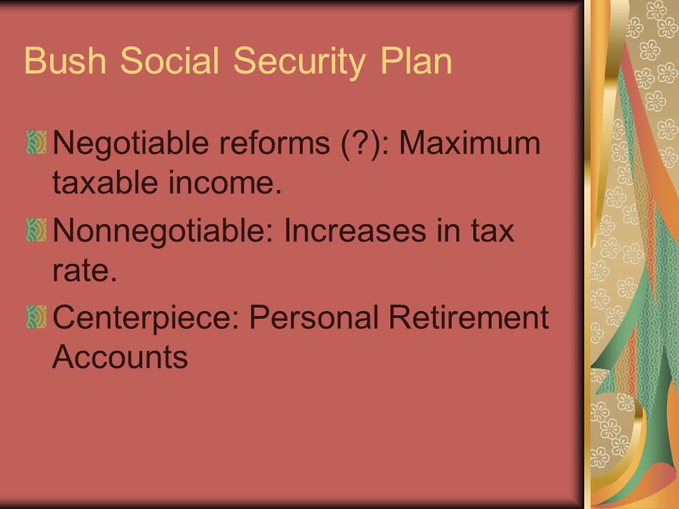 Bush Social Security Plan Negotiable reforms ( ): Maximum taxable income.