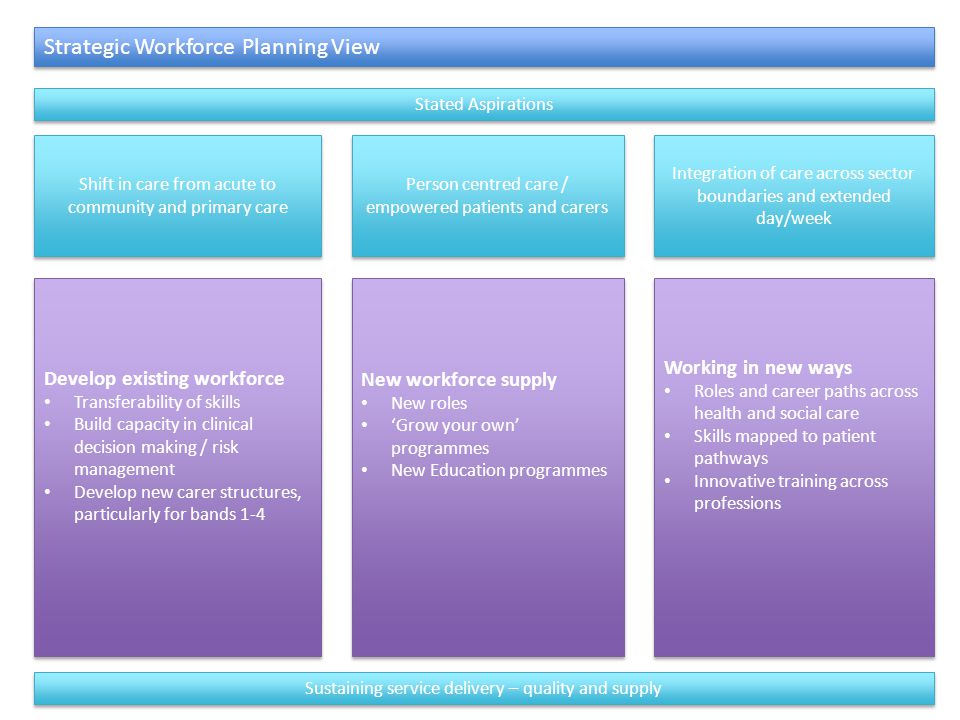 Strategic Workforce Planning View Develop existing workforce Transferability of skills Build capacity in clinical decision making / risk management Develop new carer structures, particularly for bands 1-4 Develop existing workforce Transferability of skills Build capacity in clinical decision making / risk management Develop new carer structures, particularly for bands 1-4 Stated Aspirations Shift in care from acute to community and primary care Person centred care / empowered patients and carers Integration of care across sector boundaries and extended day/week New workforce supply New roles ‘Grow your own’ programmes New Education programmes New workforce supply New roles ‘Grow your own’ programmes New Education programmes Working in new ways Roles and career paths across health and social care Skills mapped to patient pathways Innovative training across professions Working in new ways Roles and career paths across health and social care Skills mapped to patient pathways Innovative training across professions Sustaining service delivery – quality and supply