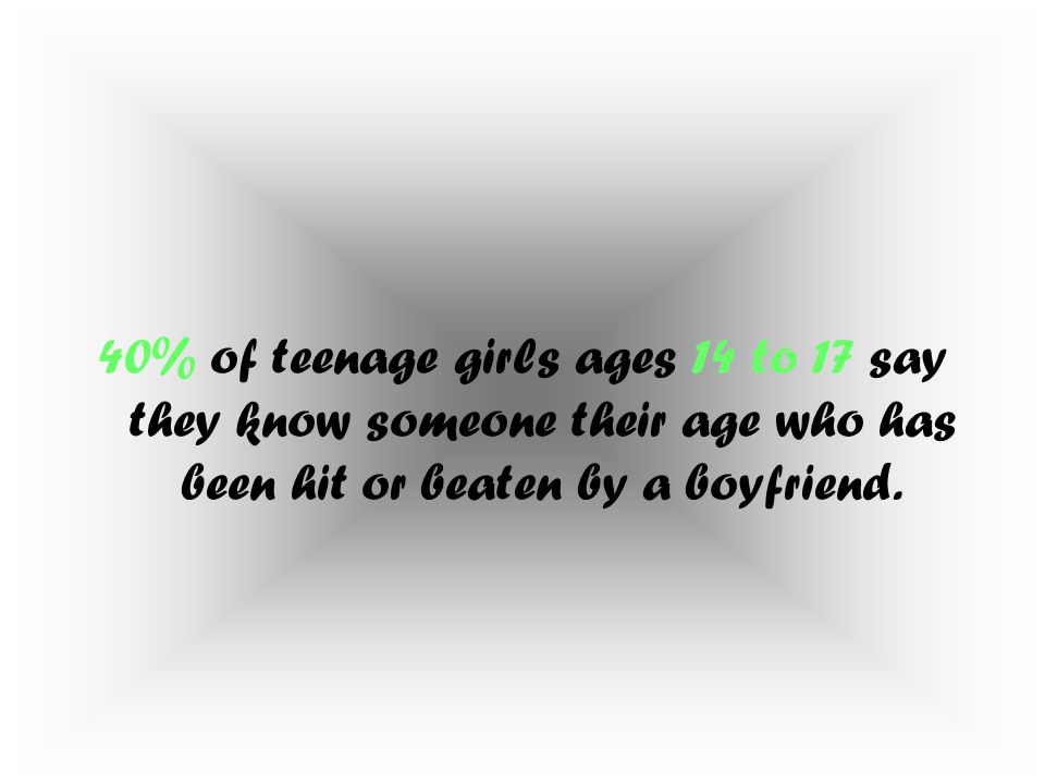 40% of teenage girls ages 14 to 17 say they know someone their age who has been hit or beaten by a boyfriend.