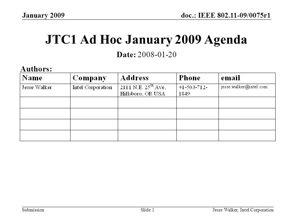 doc.: IEEE /0075r1 Submission January 2009 Jesse Walker, Intel CorporationSlide 1 JTC1 Ad Hoc January 2009 Agenda Date: Authors: