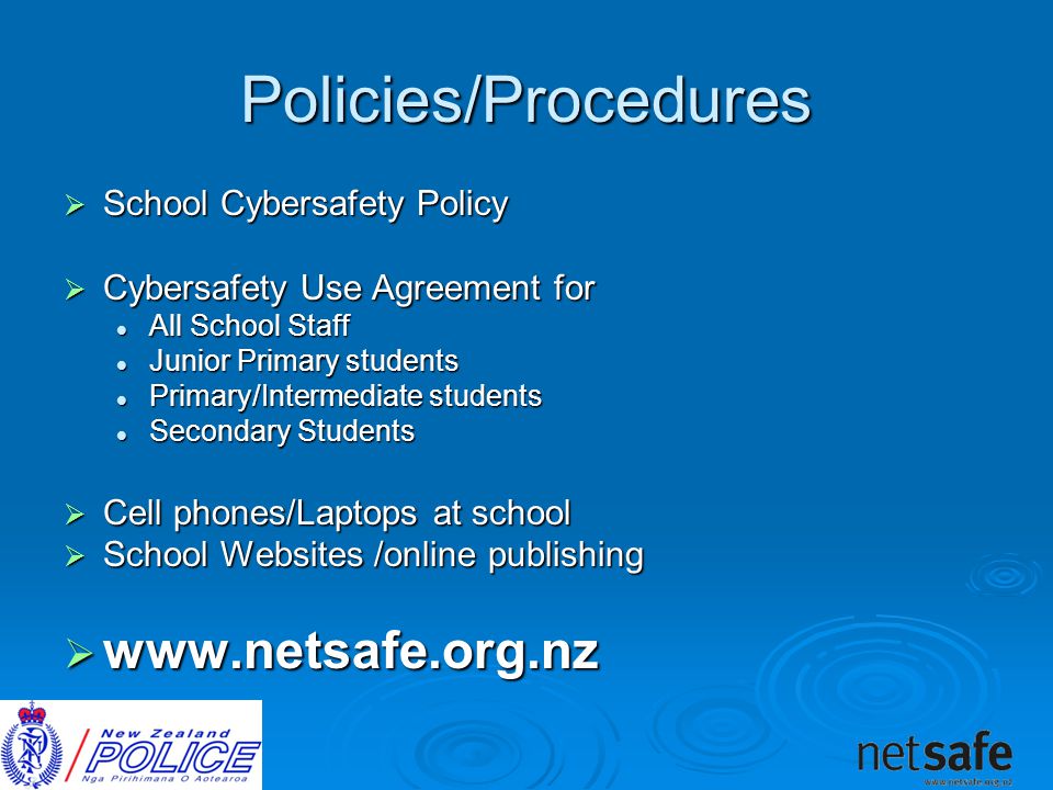 Policies/Procedures  School Cybersafety Policy  Cybersafety Use Agreement for All School Staff All School Staff Junior Primary students Junior Primary students Primary/Intermediate students Primary/Intermediate students Secondary Students Secondary Students  Cell phones/Laptops at school  School Websites /online publishing 
