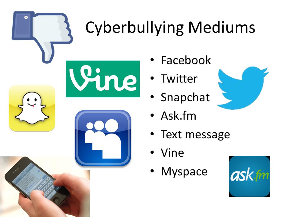 Cyberbullying Mediums Facebook Twitter Snapchat Ask.fm Text message Vine Myspace