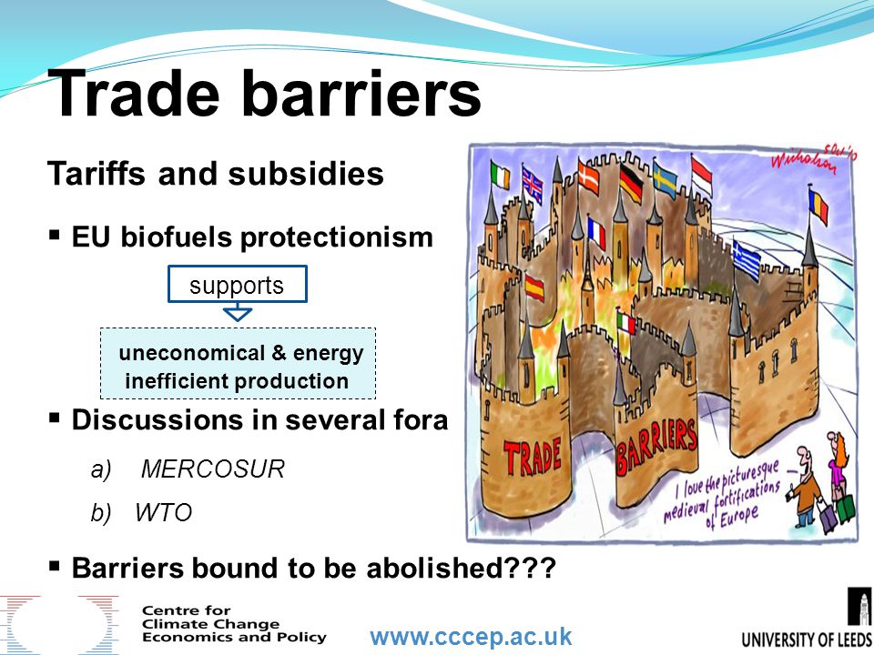 Trade barriers Tariffs and subsidies  EU biofuels protectionism  Discussions in several fora a) MERCOSUR b)WTO  Barriers bound to be abolished .