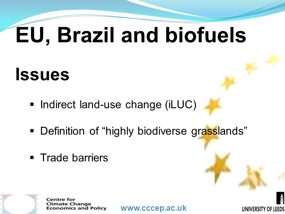 EU, Brazil and biofuels Issues  Indirect land-use change (iLUC)  Definition of highly biodiverse grasslands  Trade barriers