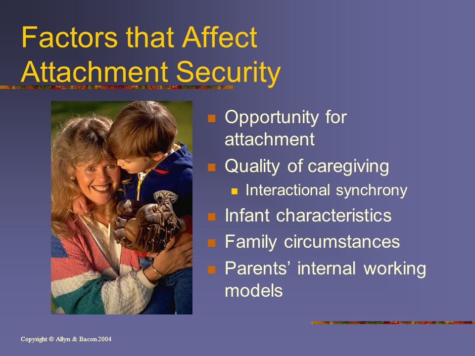 Copyright © Allyn & Bacon 2004 Factors that Affect Attachment Security Opportunity for attachment Quality of caregiving Interactional synchrony Infant characteristics Family circumstances Parents’ internal working models