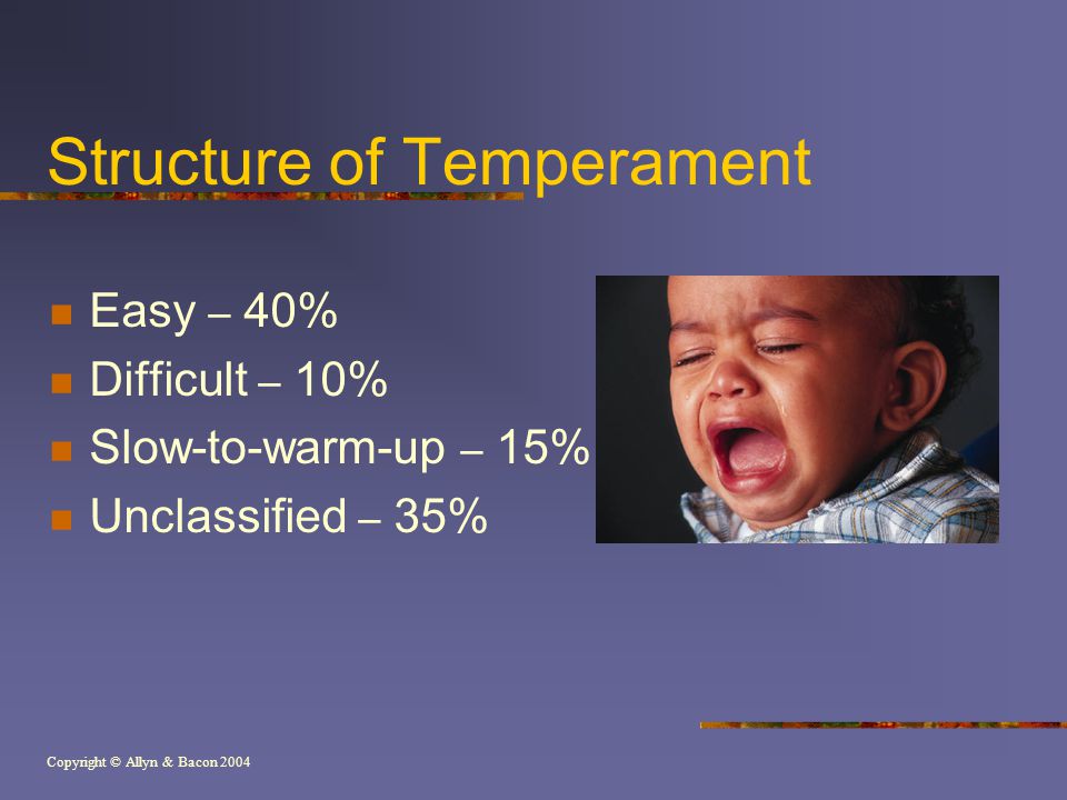 Copyright © Allyn & Bacon 2004 Structure of Temperament Easy – 40% Difficult – 10% Slow-to-warm-up – 15% Unclassified – 35%