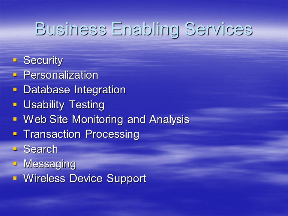 Business Enabling Services  Security  Personalization  Database Integration  Usability Testing  Web Site Monitoring and Analysis  Transaction Processing  Search  Messaging  Wireless Device Support