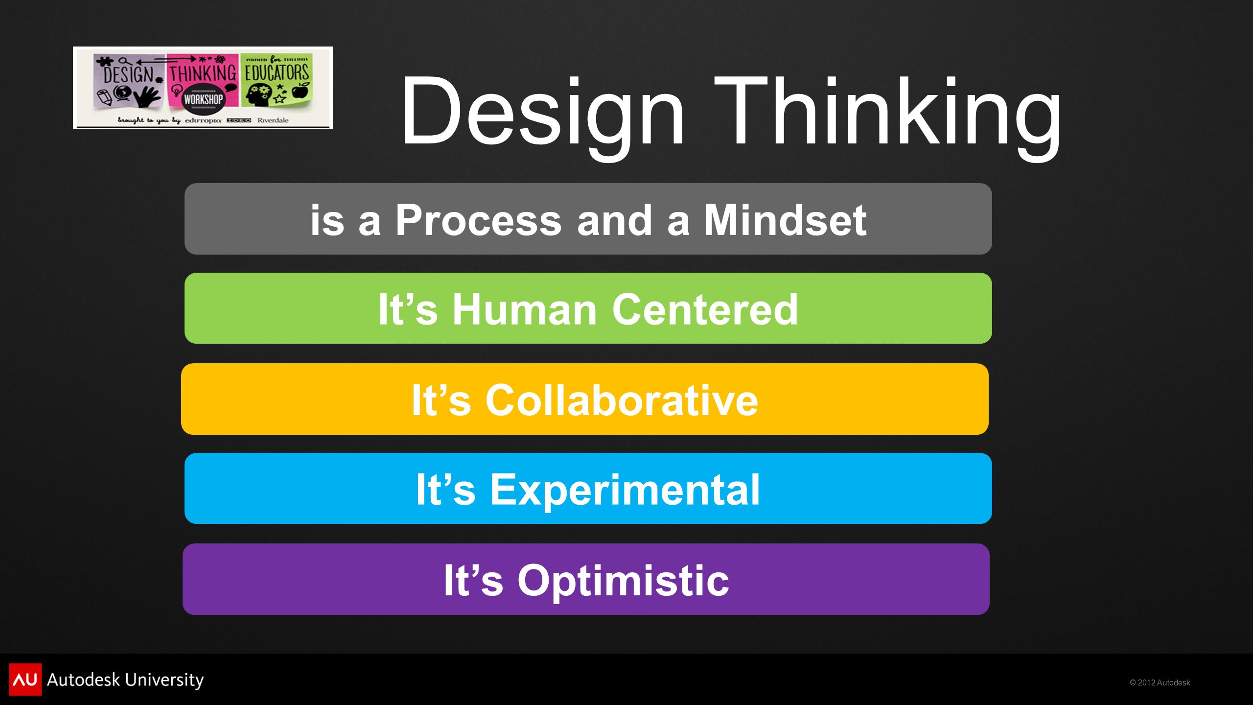 © 2012 Autodesk Design Thinking is a Process and a Mindset It’s Human Centered It’s Collaborative It’s Experimental It’s Optimistic