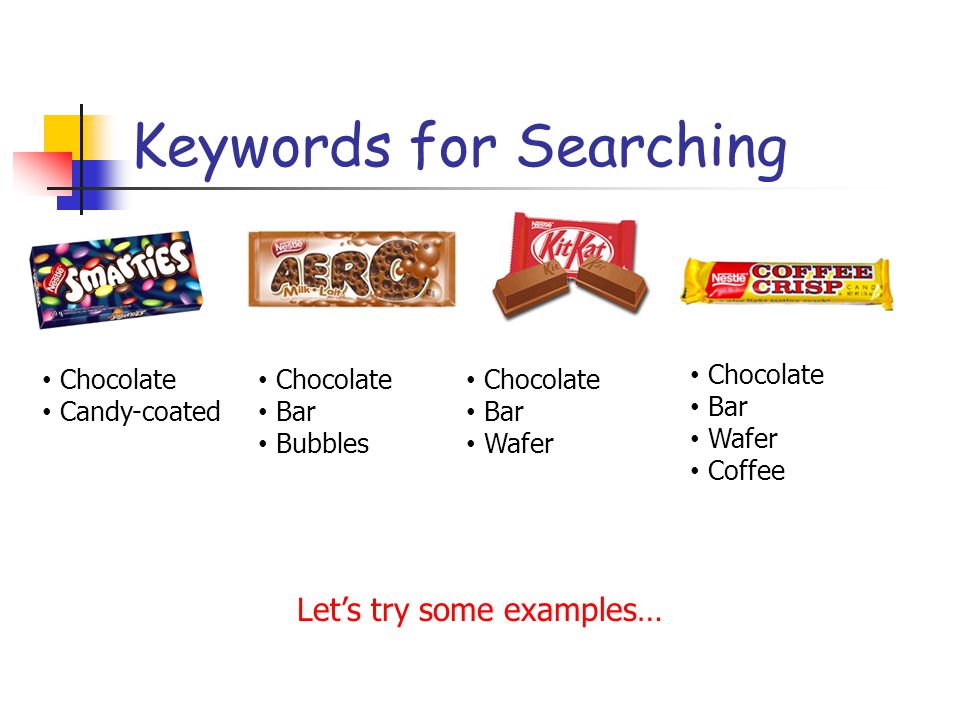 Keywords for Searching Chocolate Candy-coated Chocolate Bar Bubbles Chocolate Bar Wafer Chocolate Bar Wafer Coffee Let’s try some examples…