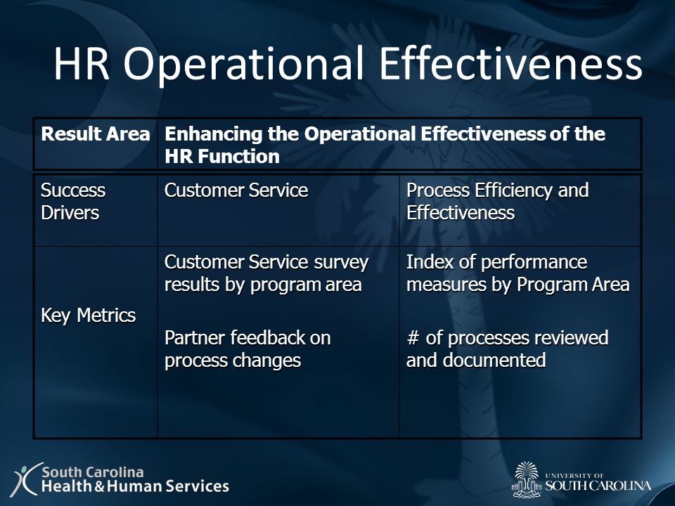 HR Operational Effectiveness Result AreaEnhancing the Operational Effectiveness of the HR Function Success Drivers Customer Service Process Efficiency and Effectiveness Key Metrics Customer Service survey results by program area Partner feedback on process changes Index of performance measures by Program Area # of processes reviewed and documented