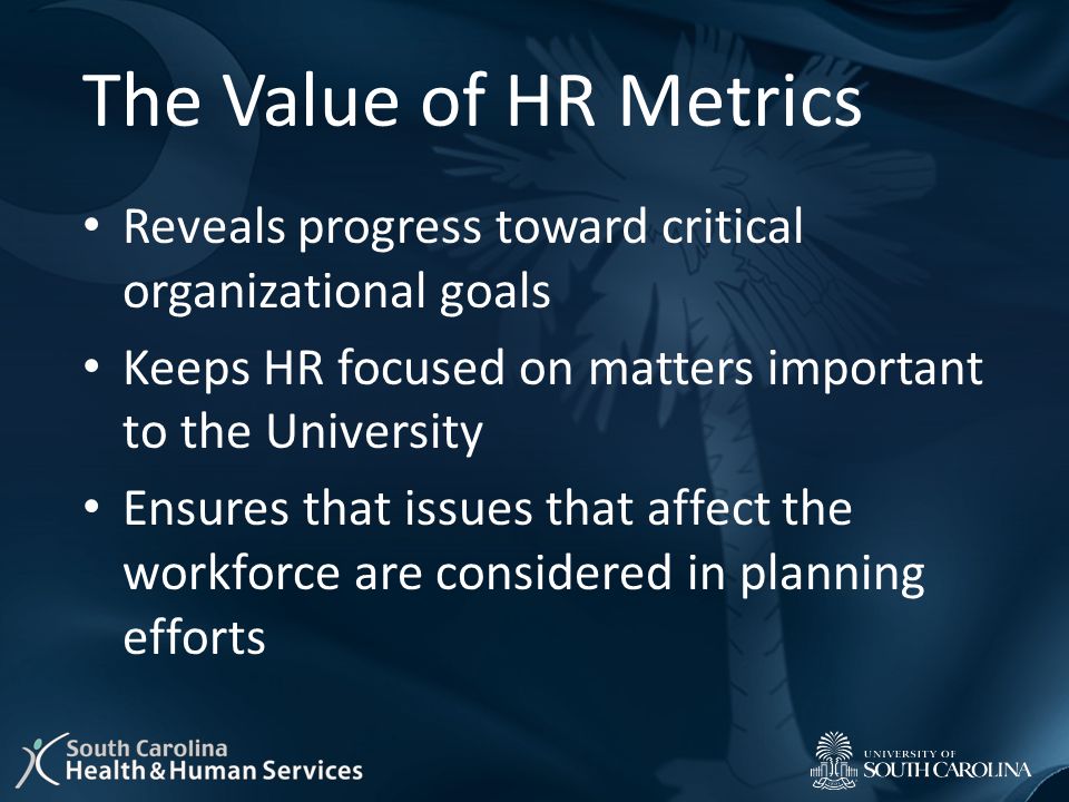 The Value of HR Metrics Reveals progress toward critical organizational goals Keeps HR focused on matters important to the University Ensures that issues that affect the workforce are considered in planning efforts
