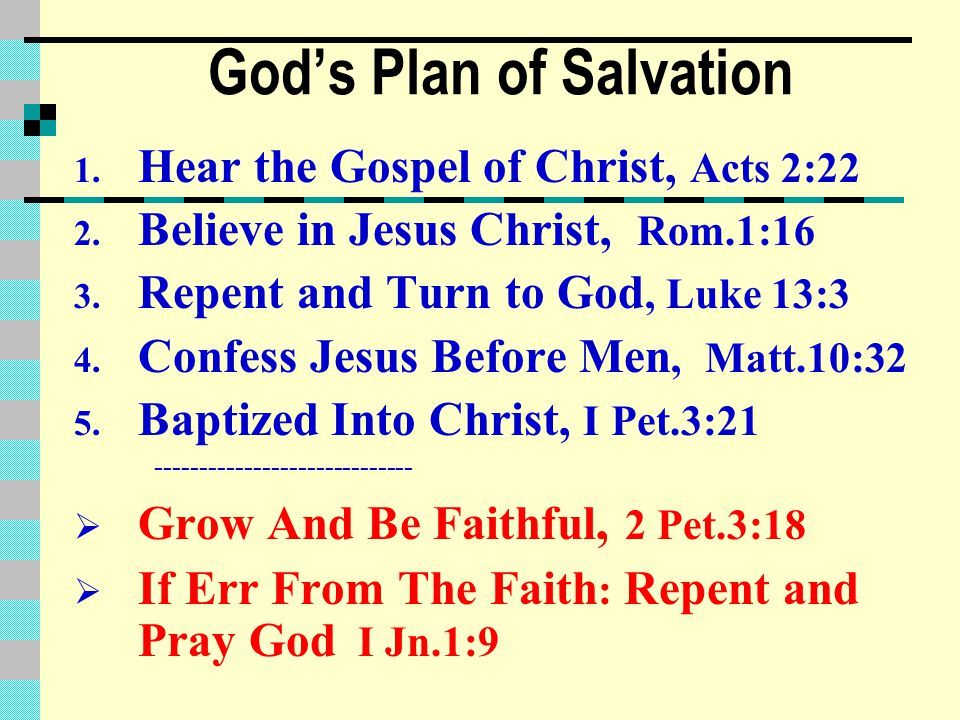 God’s Plan of Salvation 1. Hear the Gospel of Christ, Acts 2:22 2.