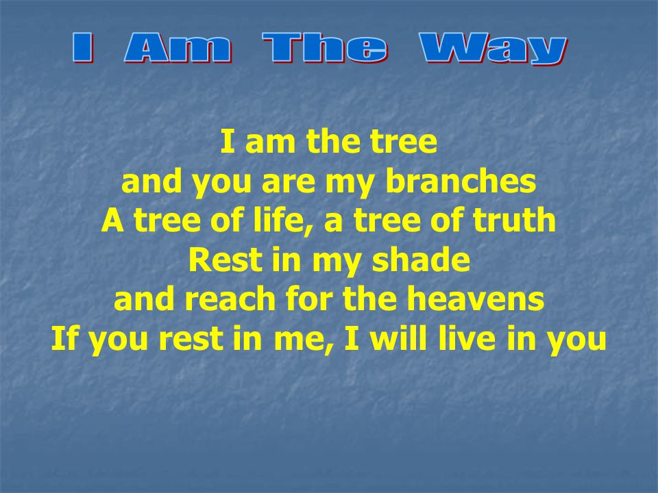 I am the tree and you are my branches A tree of life, a tree of truth Rest in my shade and reach for the heavens If you rest in me, I will live in you
