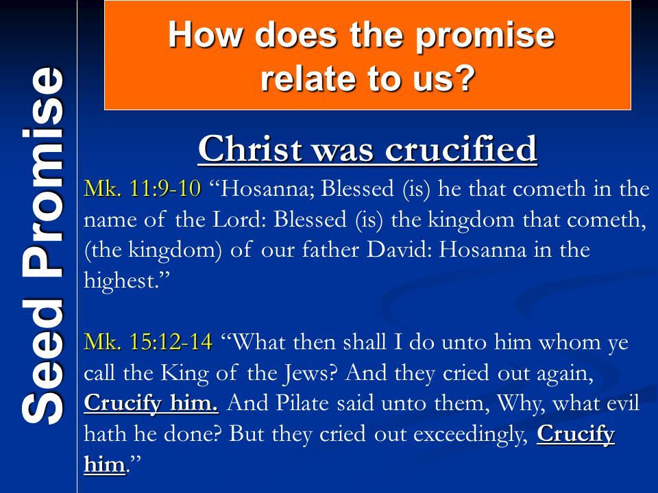 Seed Promise How does the promise relate to us. Christ was crucified Mk.