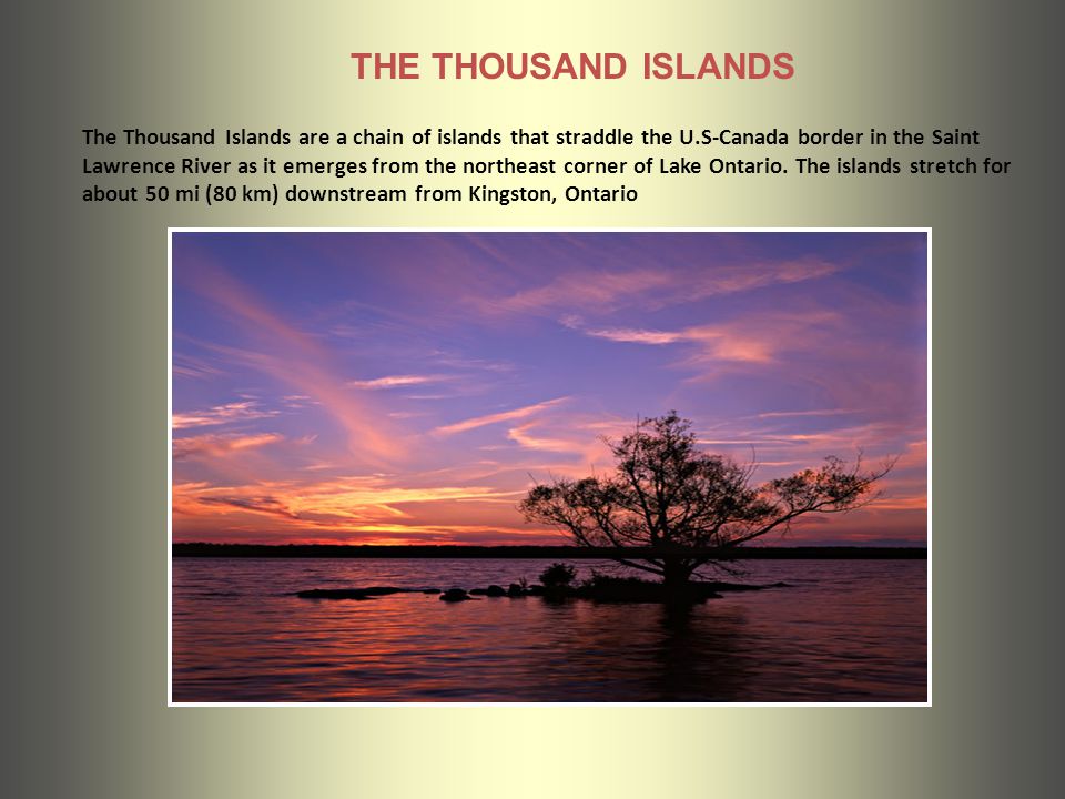 The Thousand Islands are a chain of islands that straddle the U.S-Canada border in the Saint Lawrence River as it emerges from the northeast corner of Lake Ontario.