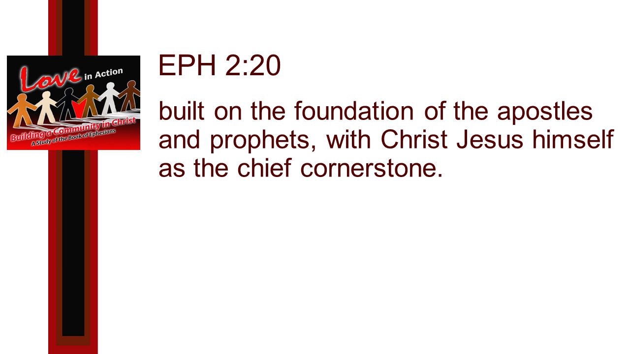 EPH 2:20 built on the foundation of the apostles and prophets, with Christ Jesus himself as the chief cornerstone.