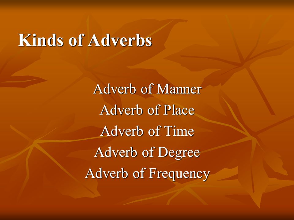 Kinds of Adverbs Adverb of Manner Adverb of Place Adverb of Time Adverb of Degree Adverb of Frequency