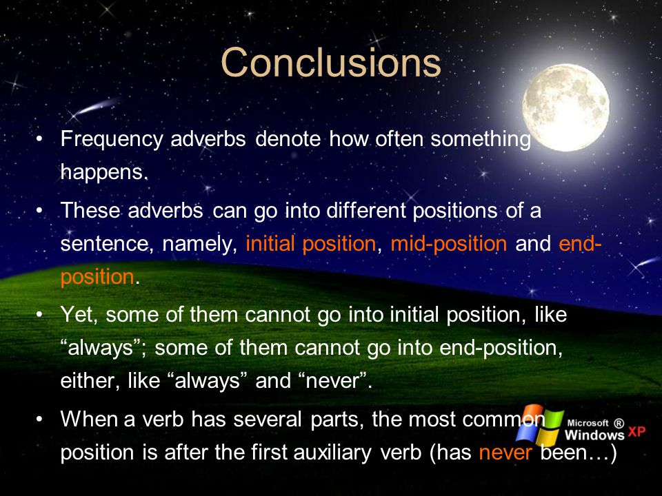 Conclusions Frequency adverbs denote how often something happens.