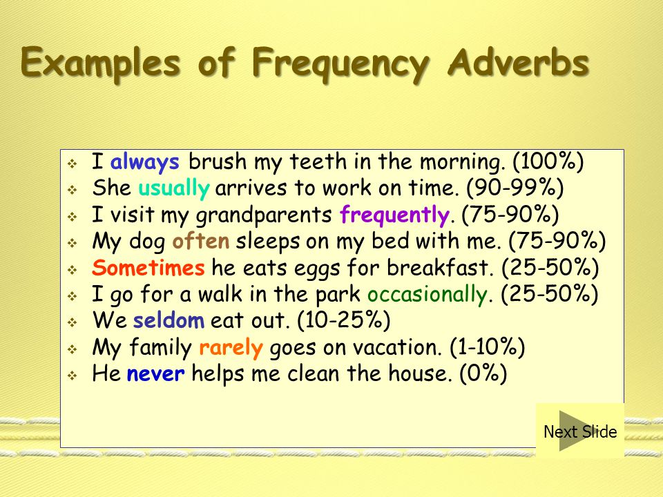 Table of Frequency Adverbs always100% nearly/almost always 90% usually80% very often/ frequently 70% often60% sometimes50% occasionally40% almost ever/ never 20% seldom/ almost never 10% never0% Next Slide