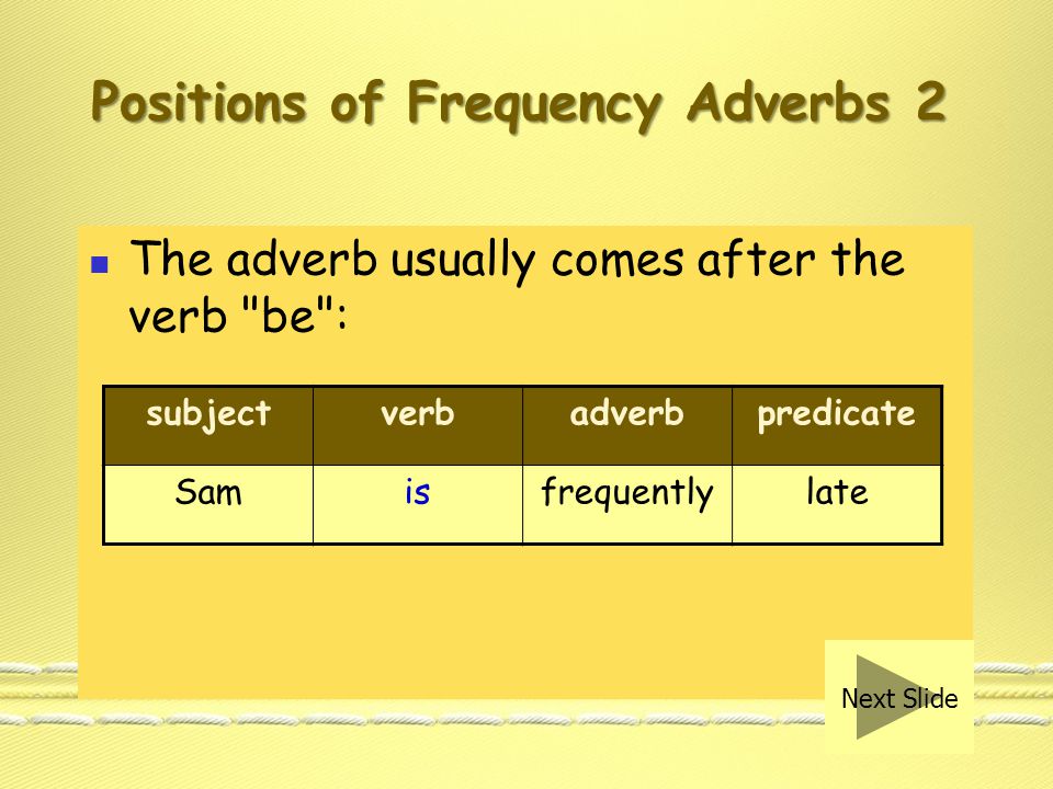 Positions of Frequency Adverbs 1 If the sentence has only one verb in it, we usually put the adverb in the middle of the sentence, i.e.