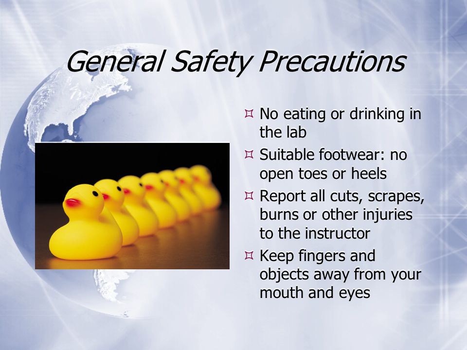 General Safety Precautions  No eating or drinking in the lab  Suitable footwear: no open toes or heels  Report all cuts, scrapes, burns or other injuries to the instructor  Keep fingers and objects away from your mouth and eyes