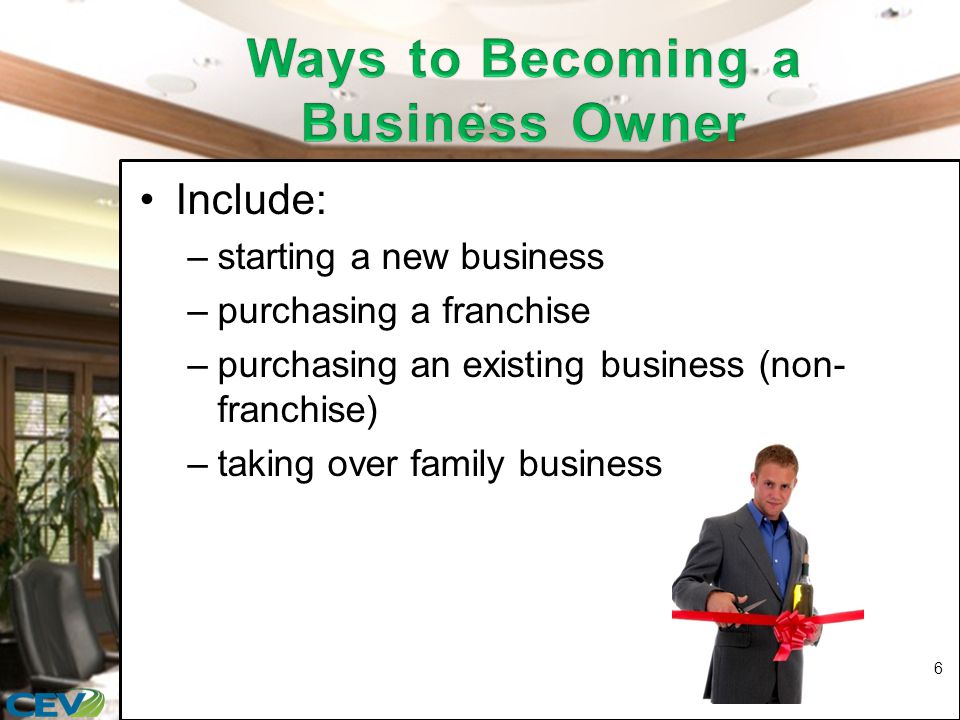 Include: –starting a new business –purchasing a franchise –purchasing an existing business (non- franchise) –taking over family business 6