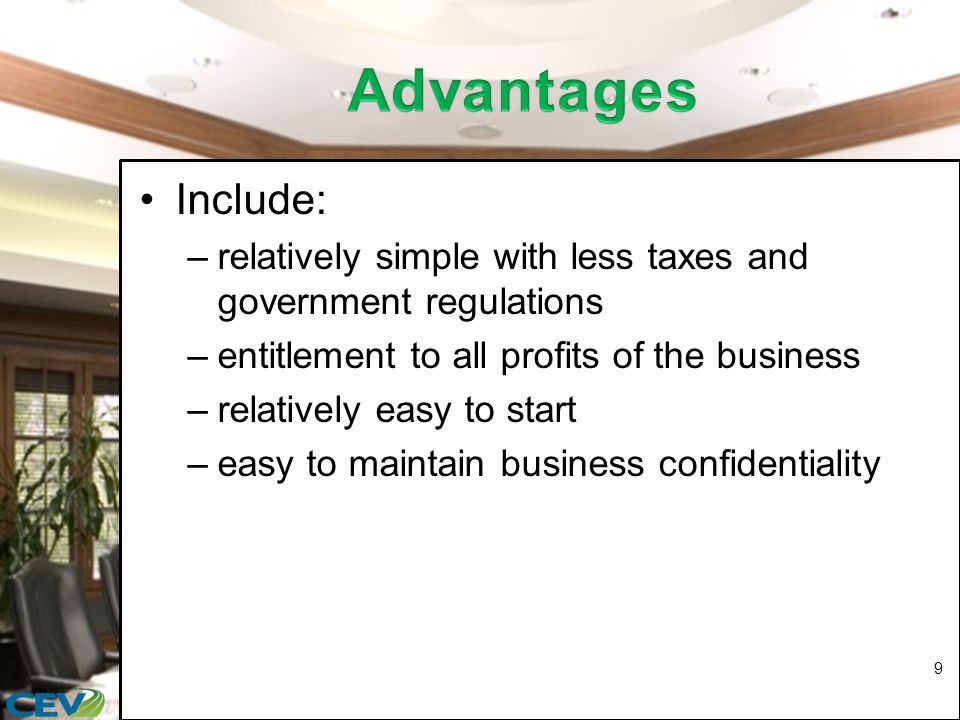Include: –relatively simple with less taxes and government regulations –entitlement to all profits of the business –relatively easy to start –easy to maintain business confidentiality 9