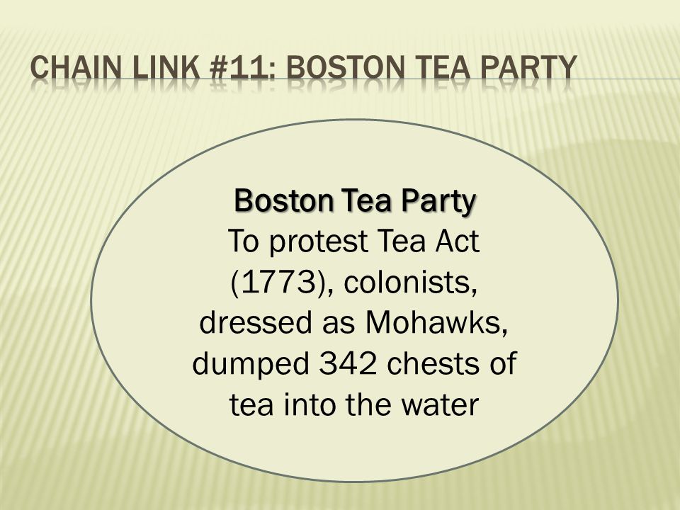 Boston Tea Party To protest Tea Act (1773), colonists, dressed as Mohawks, dumped 342 chests of tea into the water