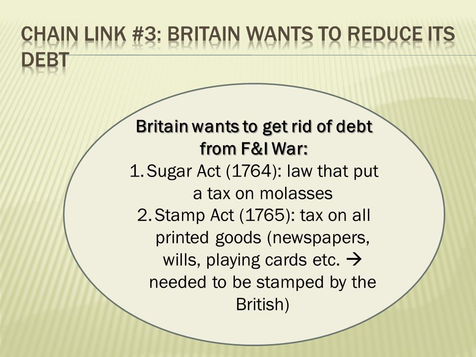 Britain wants to get rid of debt from F&I War: 1.Sugar Act (1764): law that put a tax on molasses 2.Stamp Act (1765): tax on all printed goods (newspapers, wills, playing cards etc.