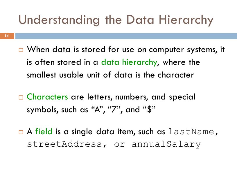 Understanding the Data Hierarchy 14  When data is stored for use on computer systems, it is often stored in a data hierarchy, where the smallest usable unit of data is the character  Characters are letters, numbers, and special symbols, such as A , 7 , and $  A field is a single data item, such as lastName, streetAddress, or annualSalary