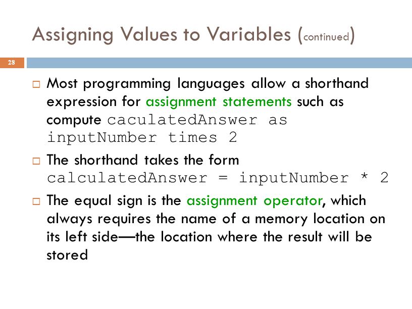 Assigning Values to Variables ( continued ) 28  Most programming languages allow a shorthand expression for assignment statements such as compute caculatedAnswer as inputNumber times 2  The shorthand takes the form calculatedAnswer = inputNumber * 2  The equal sign is the assignment operator, which always requires the name of a memory location on its left side—the location where the result will be stored
